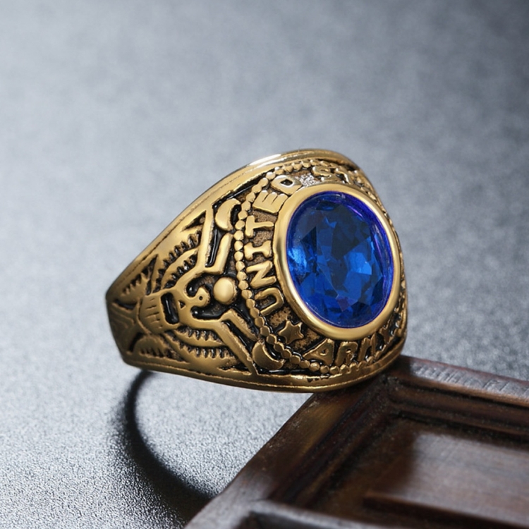 Retro Round Gemstone Carved Soldier Army Military Titanium Steel Ring for Men, US Size: 10, Diameter: 19.9mm, Perimeter: 62.4mm(Blue)