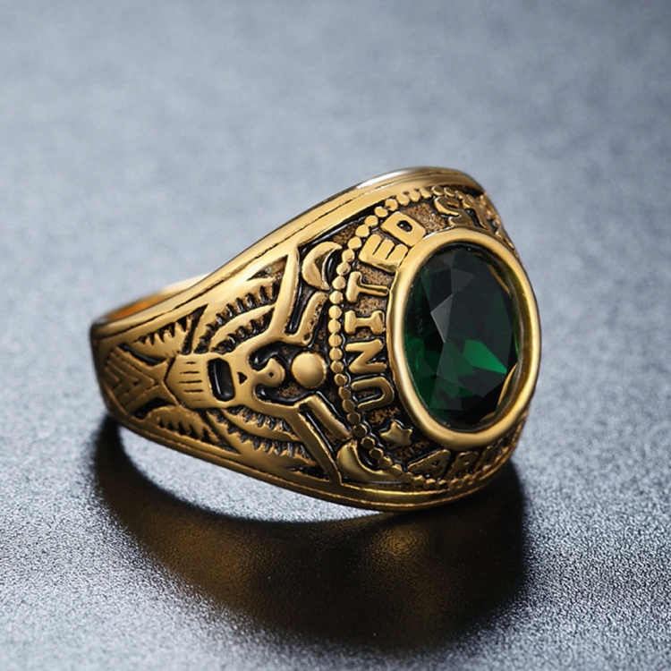 Retro Round Gemstone Carved Soldier Army Military Titanium Steel Ring for Men, US Size: 11, Diameter: 20.7mm, Perimeter: 65mm(Green)