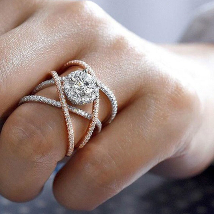 Rose Gold-plated Color Separation Ring Creative Cross Zircon Engagement Ring(10)