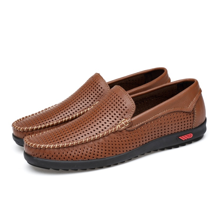 Round Head Hollow Breathable and Comfortable Casual Leather Shoes (Color:Brown Size:43)