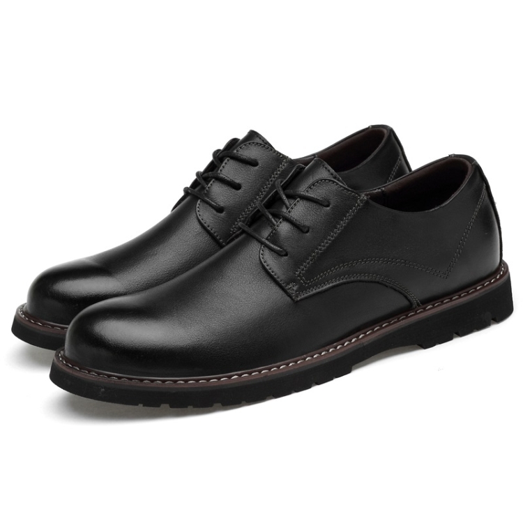 Round Head Solid Color First Layer Cowhide Casual Shoes for Men (Color:Black Size:48)