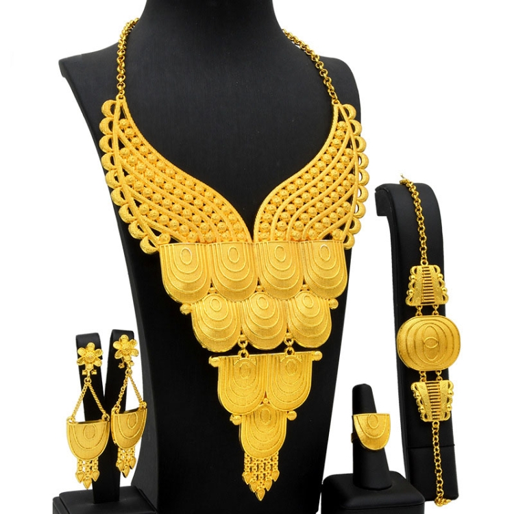 S-376 4 In 1 24K Gold Plated Bride Necklace Ear Ring Bracelet Suit Ladies Jewelry Set