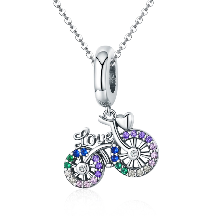 S925 Sterling Silver Bicycle Pendant Color Inlaid Zircon Beads DIY Bracelet Charm Accessories, Style: Pendant + Bare Chain