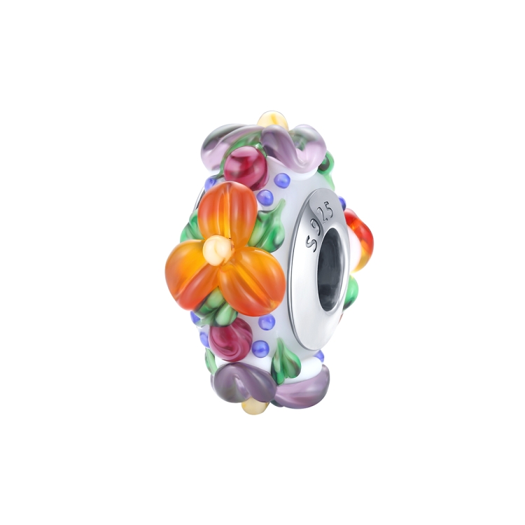 S925 Sterling Silver Colorful Flowers Embossed Orange Colored Glass Beads DIY Bracelet Necklace Accessories