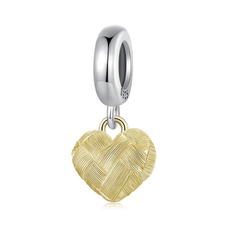 S925 Sterling Silver Gold Diamond Pattern Heart Pendant DIY Beads(BSC1089)