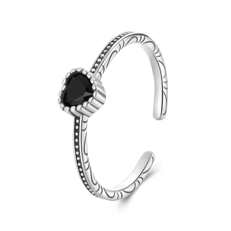S925 Sterling Silver Oxidized Heart Of The Night Open Ring Adjustable Heart-shaped Ring(SCR1074-E)