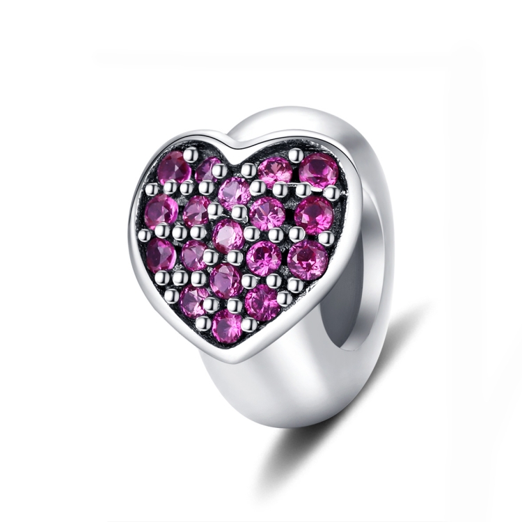 S925 Sterling Silver Pink Zircon Love Heart Beads DIY Bracelet Necklace Accessories
