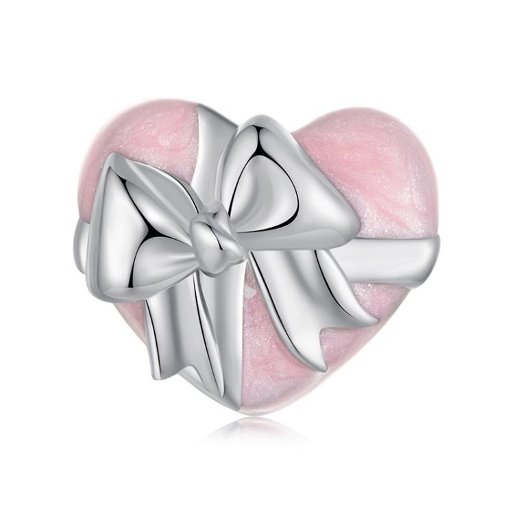 S925 Sterling Silver Platinum Heart Bow Gift Box Beads(SCC2979)