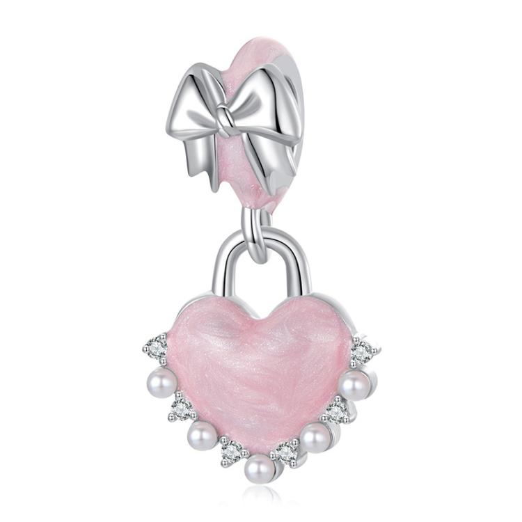 S925 Sterling Silver Platinum-plated Bow Heart DIY Pendant Beads(SCC2981)