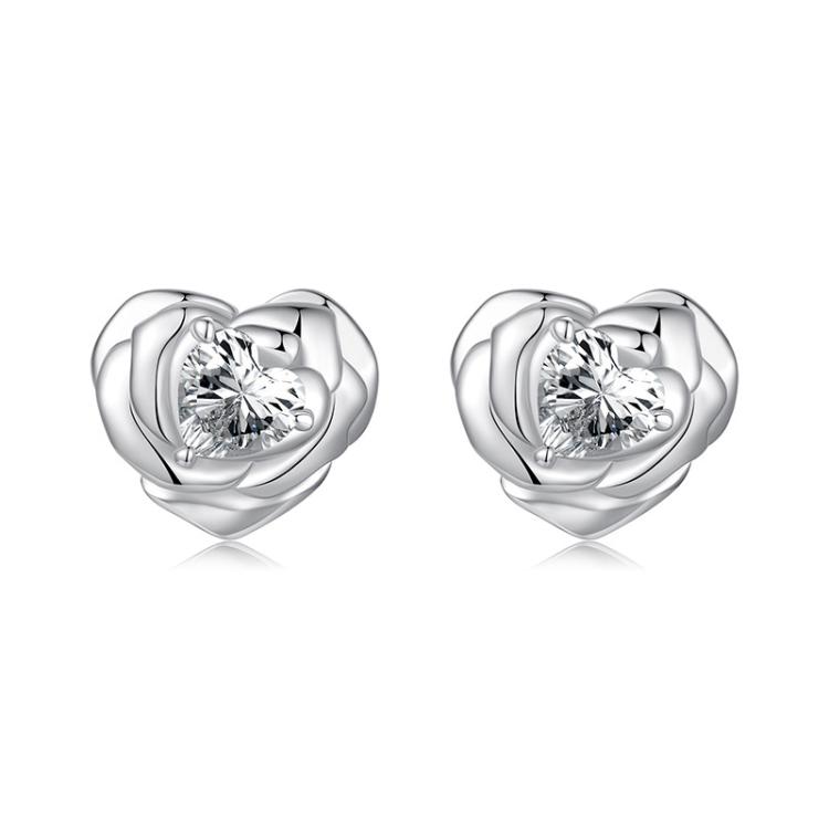 S925 Sterling Silver Platinum-plated Heart Rose Flower Earrings(BSE1140)