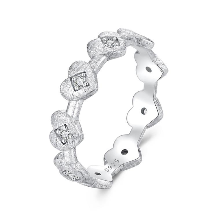 S925 Sterling Silver Platinum-plated Heart-shaped Ring, Size: No.6