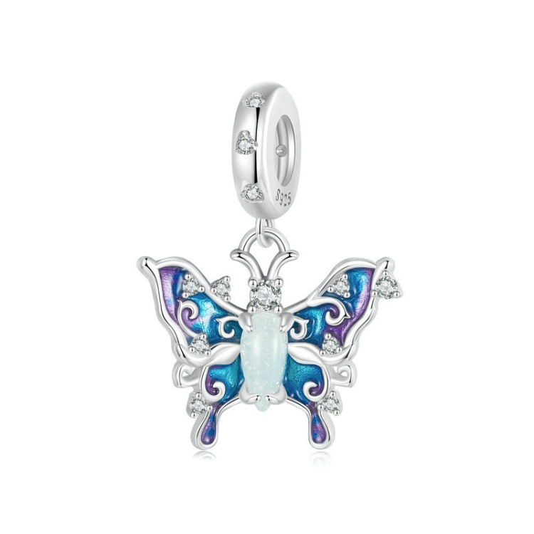 S925 Sterling Silver Platinum Plated Luminous Colorful Butterfly DIY Pendant(SCC2731)
