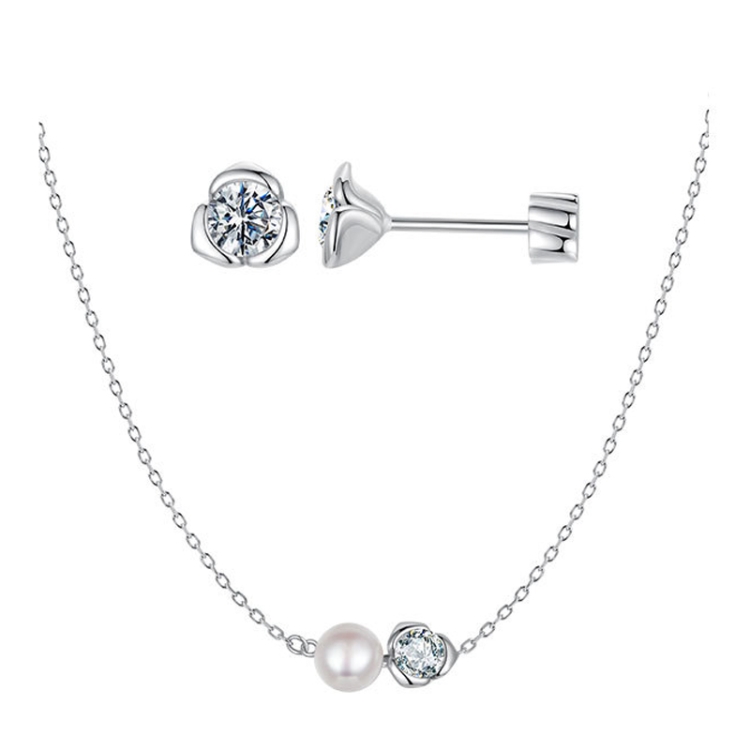 S925 Sterling Silver Platinum-plated Moissanite Rose Earrings Necklace Set(Set)