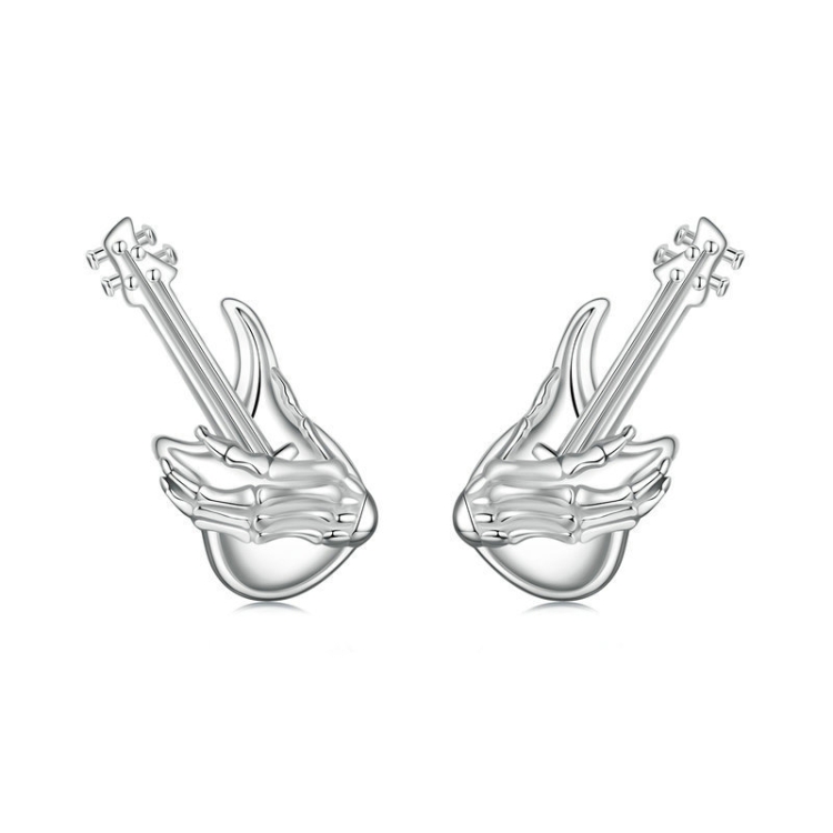 S925 Sterling Silver Platinum-plated Skeleton Hand Bass Earrings(SCE1806)