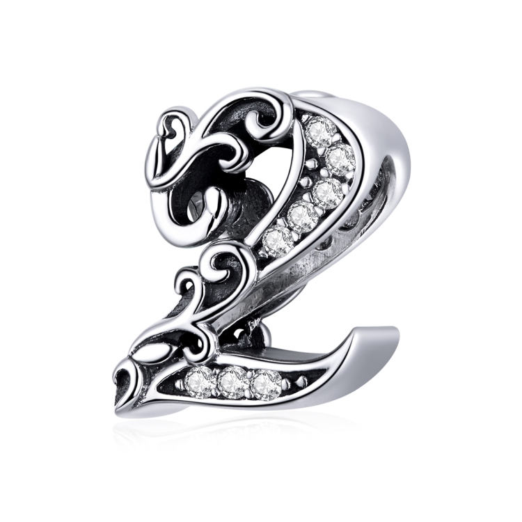 S925 Sterling Silver Relief Number Series 0-9 Beads DIY Bracelet Necklace Accessories, Style:2