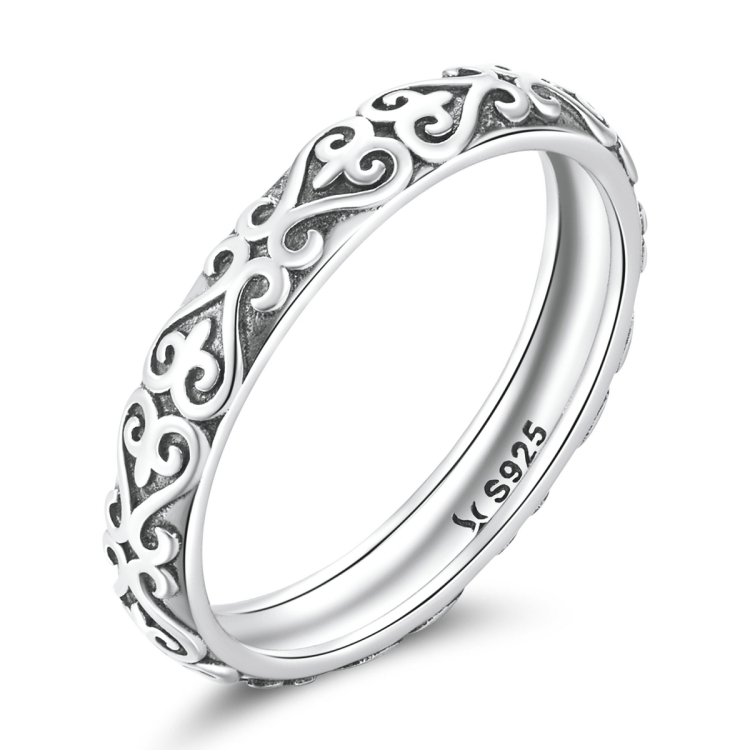 S925 Sterling Silver Retro Embossed Flower Texture Women Ring, Size:8