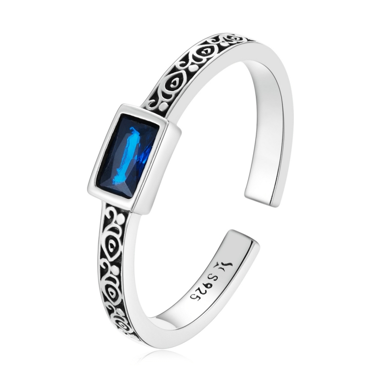 S925 Sterling Silver Retro Flower Square Zircon Women Open Ring
