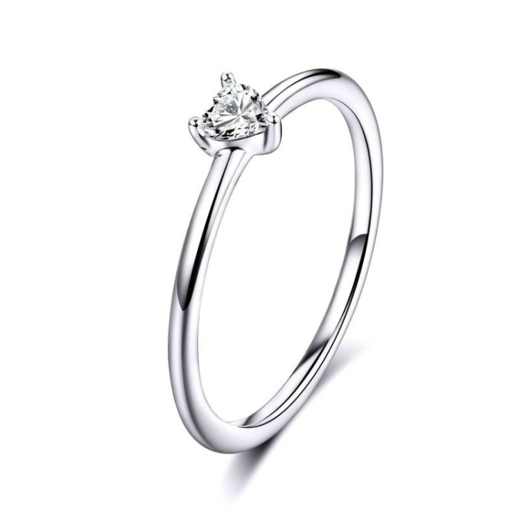 S925 Sterling Silver Ring Platinum Plated Heart Clear Ring, Size: 7 US Size