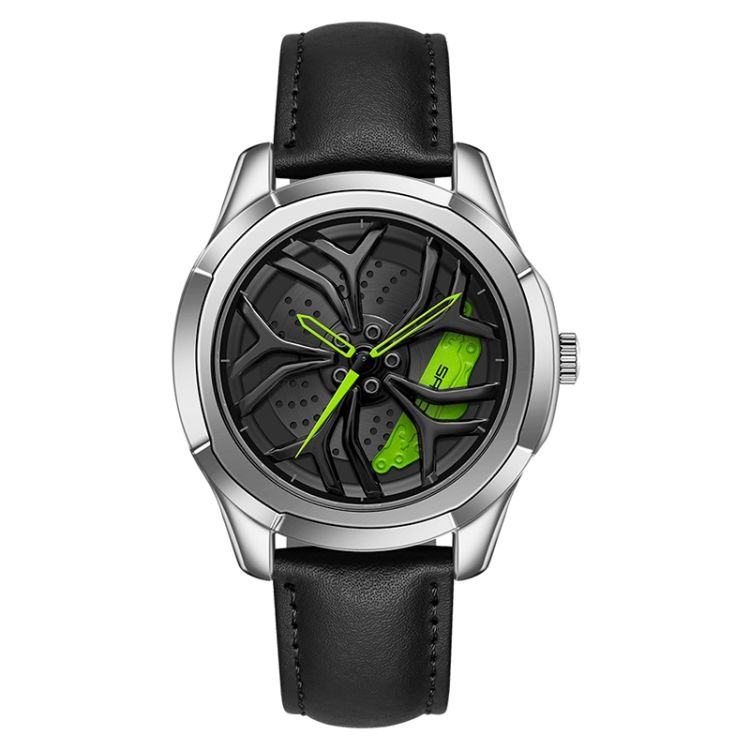 SANDA 1065 3D Hollow Out Wheel Non-rotatable Dial Quartz Watch for Men, Style:Leather Belt(Silver Green)
