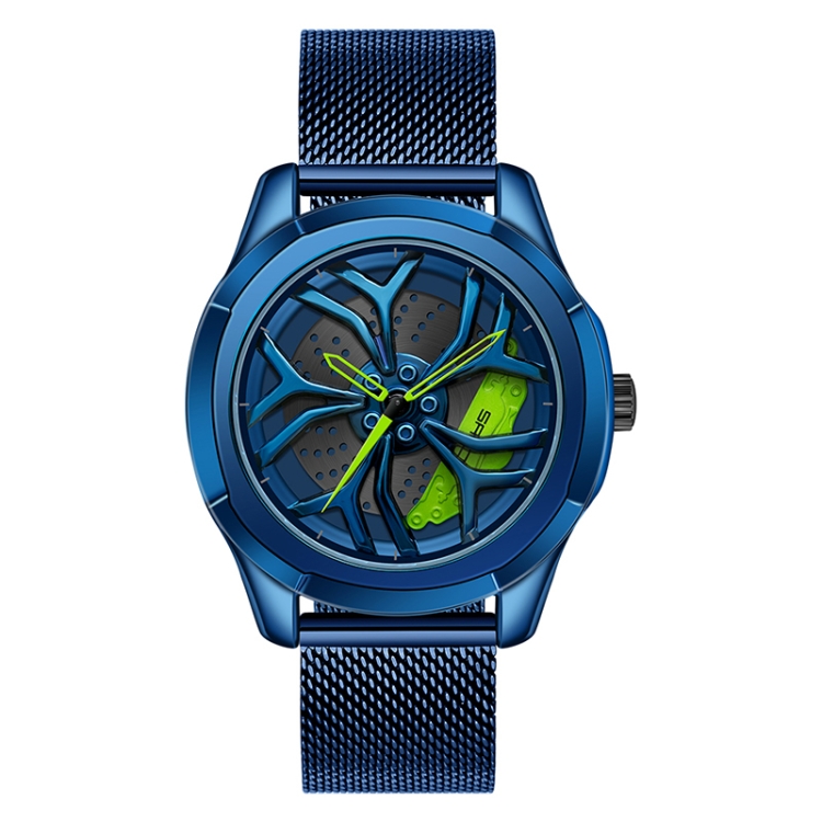 SANDA 1065 3D Hollow Out Wheel Non-rotatable Dial Quartz Watch for Men, Style:Mesh Belt(Blue Green)