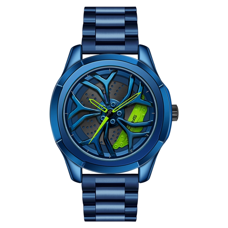 SANDA 1065 3D Hollow Out Wheel Non-rotatable Dial Quartz Watch for Men, Style:Steel Belt(Blue Green)