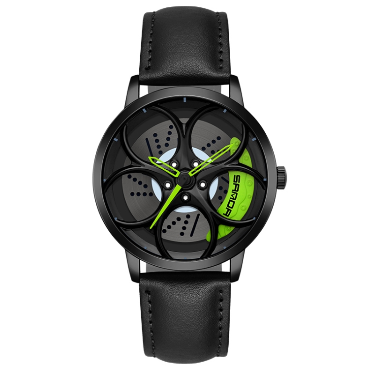 SANDA 1070 3D Oval Hollow Out Wheel Non-rotatable Dial Quartz Watch for Men, Style:Leather Belt(Black Green)
