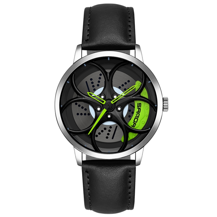 SANDA 1070 3D Oval Hollow Out Wheel Non-rotatable Dial Quartz Watch for Men, Style:Leather Belt(Silver Green)