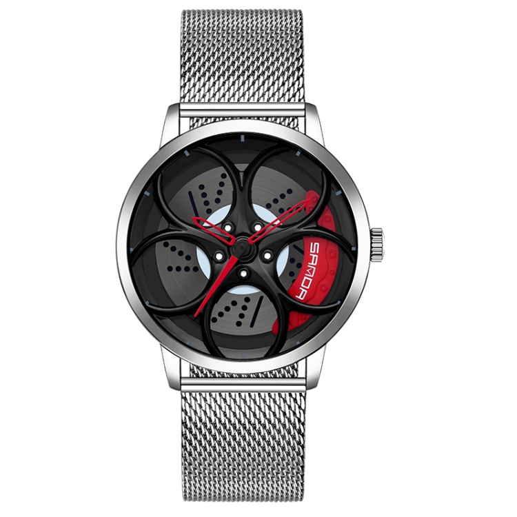 SANDA 1070 3D Oval Hollow Out Wheel Non-rotatable Dial Quartz Watch for Men, Style:Mesh Belt(Silver Red)