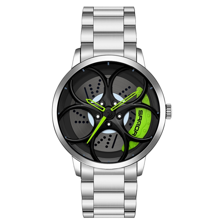 SANDA 1070 3D Oval Hollow Out Wheel Non-rotatable Dial Quartz Watch for Men, Style:Steel Belt(Silver Green)