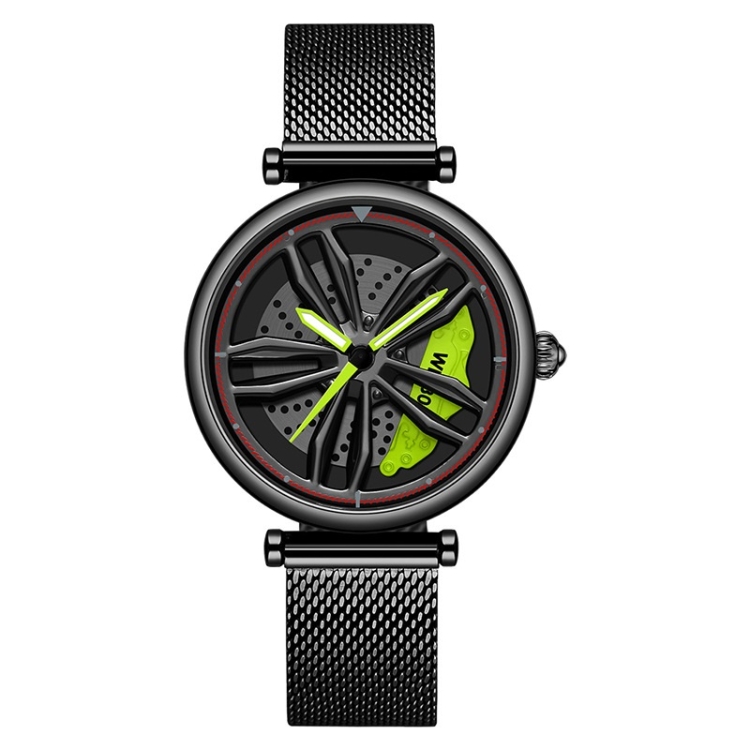 SANDA 1074 3D Hollow Out Wheel Non-rotatable Dial Quartz Watch for Women, Style:Mesh Belt(Black Green)