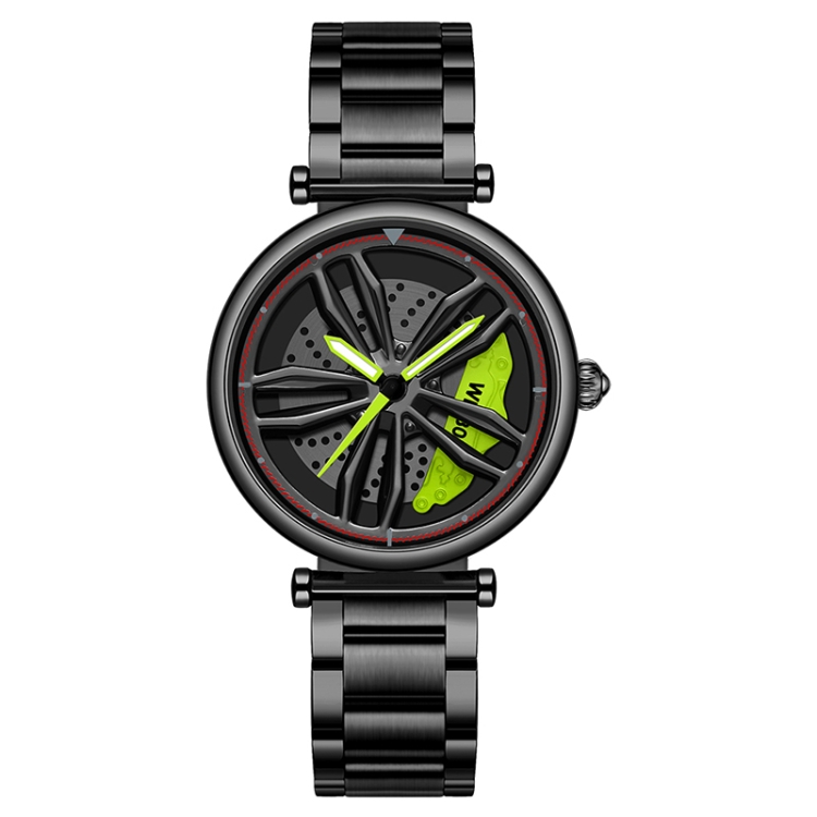 SANDA 1074 3D Hollow Out Wheel Non-rotatable Dial Quartz Watch for Women, Style:Steel Belt(Black Green)