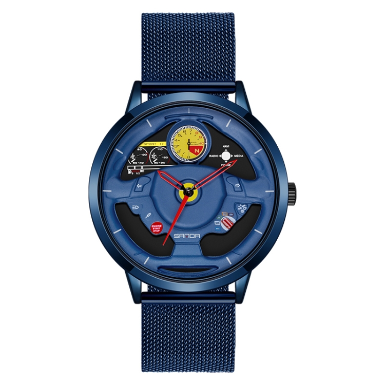 SANDA 1085 Steering Wheel Hollow Dial Waterproof Quartz Watch, Style:Mesh Band(Blue)