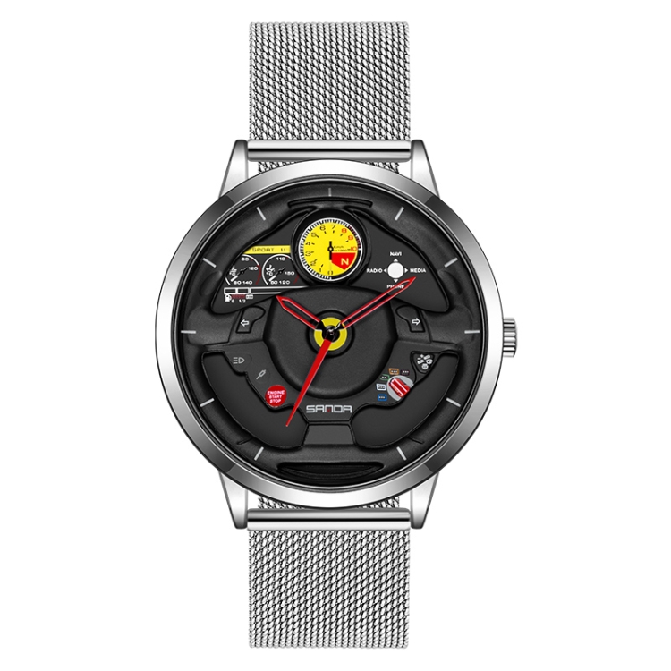 SANDA 1085 Steering Wheel Hollow Dial Waterproof Quartz Watch, Style:Mesh Band(Silver)