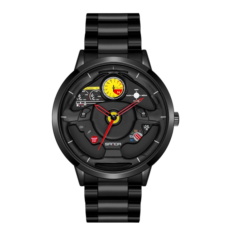 SANDA 1085 Steering Wheel Hollow Dial Waterproof Quartz Watch, Style:Steel Band(Black)