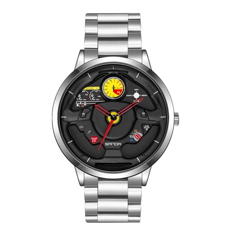 SANDA 1085 Steering Wheel Hollow Dial Waterproof Quartz Watch, Style:Steel Band(Silver)