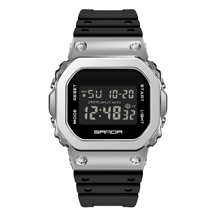 SANDA 2126 Tempered Mirror Luminous Waterproof Dual Display Electronic Watch(Black Silver)