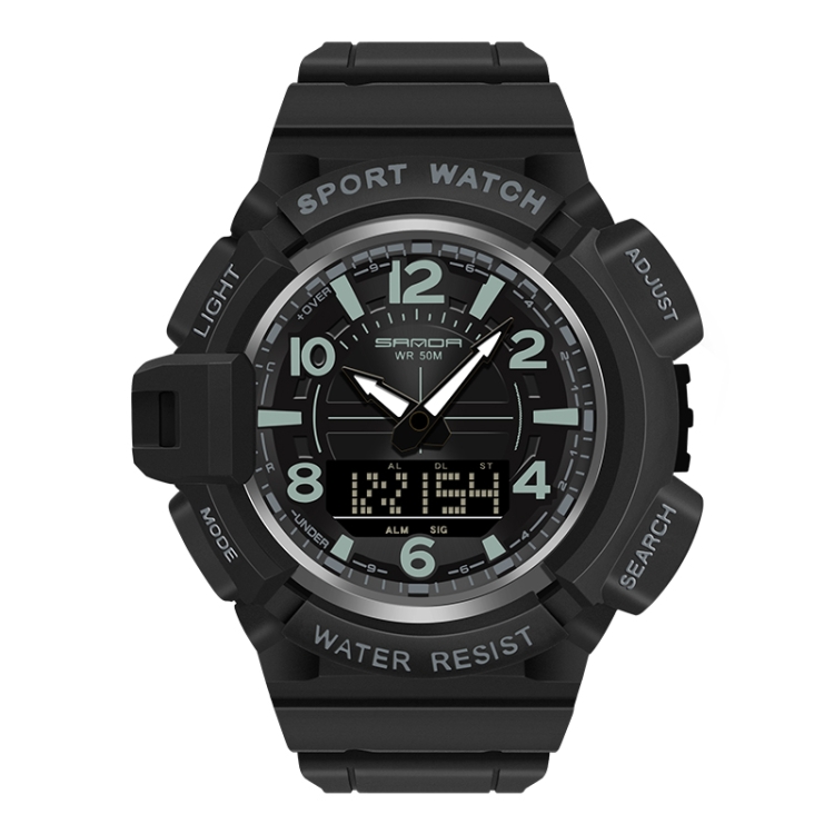 SANDA 3101 Dual Time Dispay Dial Luminous Timer Alarm Clock Electronic Watch for Men(All Black)