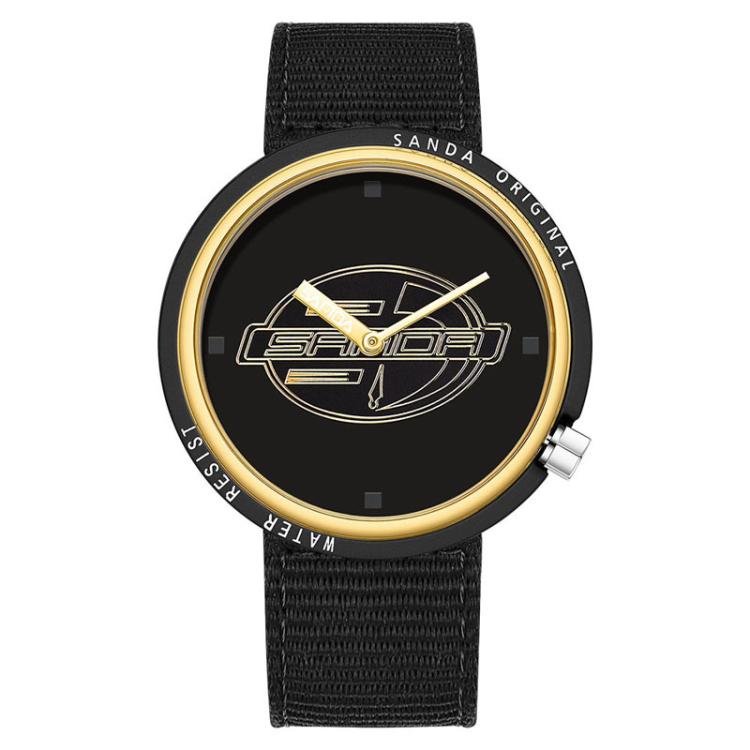 SANDA 3202 Slim Silent 3ATM Waterproof Student Watch with Nylon Strap(Black-Gold Case)