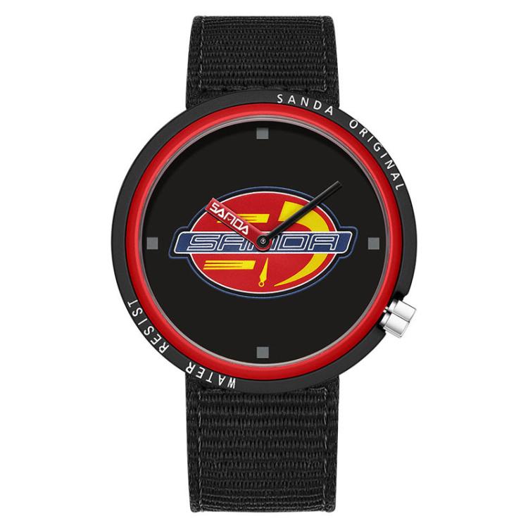 SANDA 3202 Slim Silent 3ATM Waterproof Student Watch with Nylon Strap(Black-Red Case)