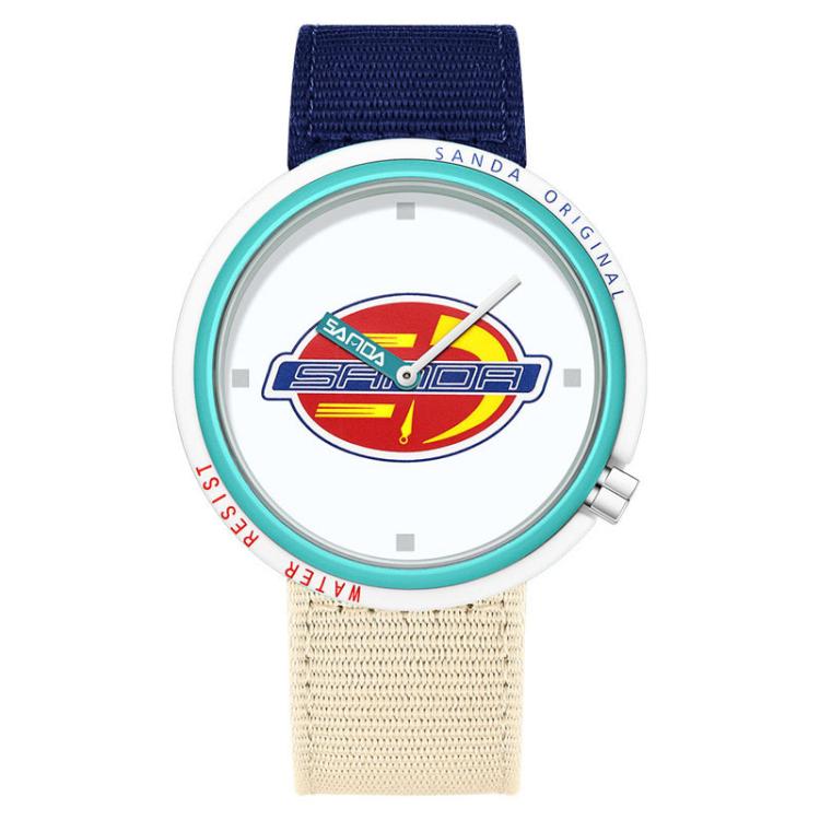 SANDA 3202 Slim Silent 3ATM Waterproof Student Watch with Nylon Strap(Green Case / Blue-Beige)