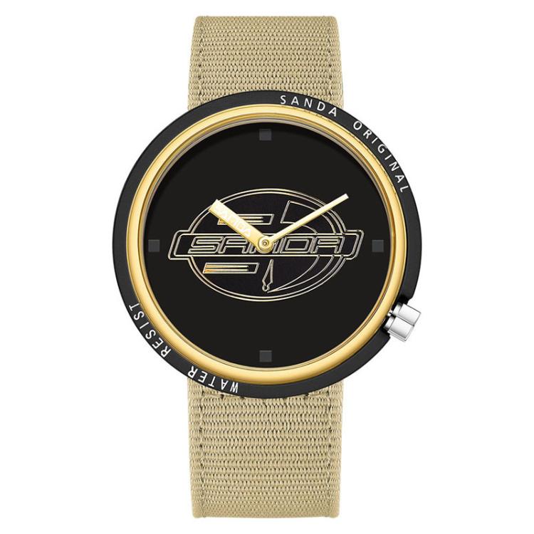SANDA 3202 Slim Silent 3ATM Waterproof Student Watch with Nylon Strap(Khaki-Gold)