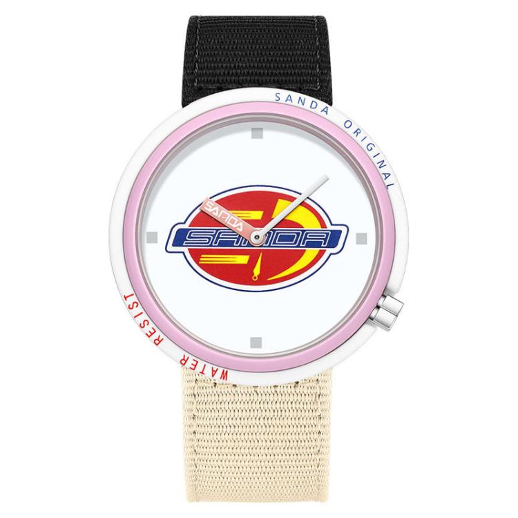 SANDA 3202 Slim Silent 3ATM Waterproof Student Watch with Nylon Strap(Pink Case / Black-Beige)
