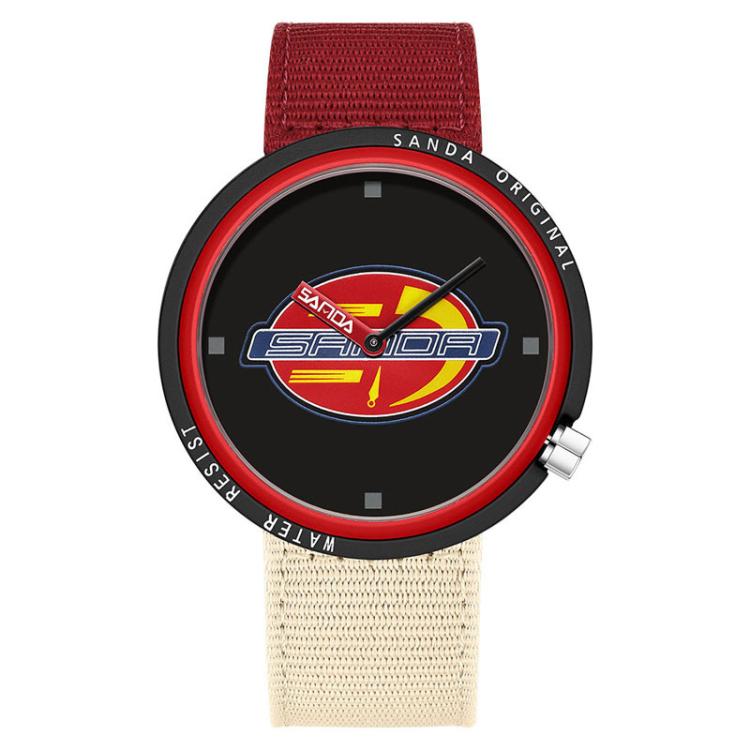 SANDA 3202 Slim Silent 3ATM Waterproof Student Watch with Nylon Strap(Red Case / Red-Beige)