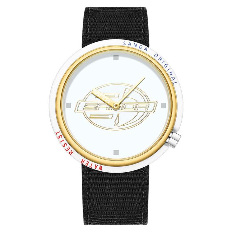 SANDA 3202 Slim Silent 3ATM Waterproof Student Watch with Nylon Strap(White-Gold Case)