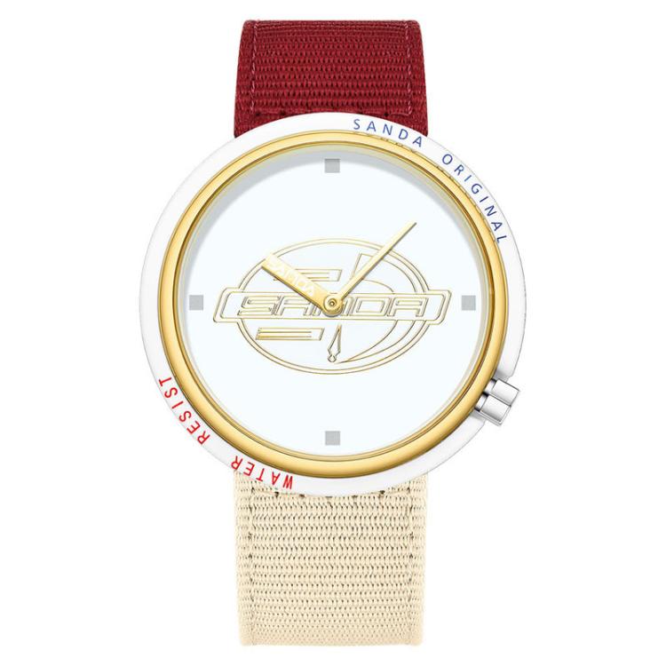SANDA 3202 Slim Silent 3ATM Waterproof Student Watch with Nylon Strap(White-Gold Case / Red-Beige)
