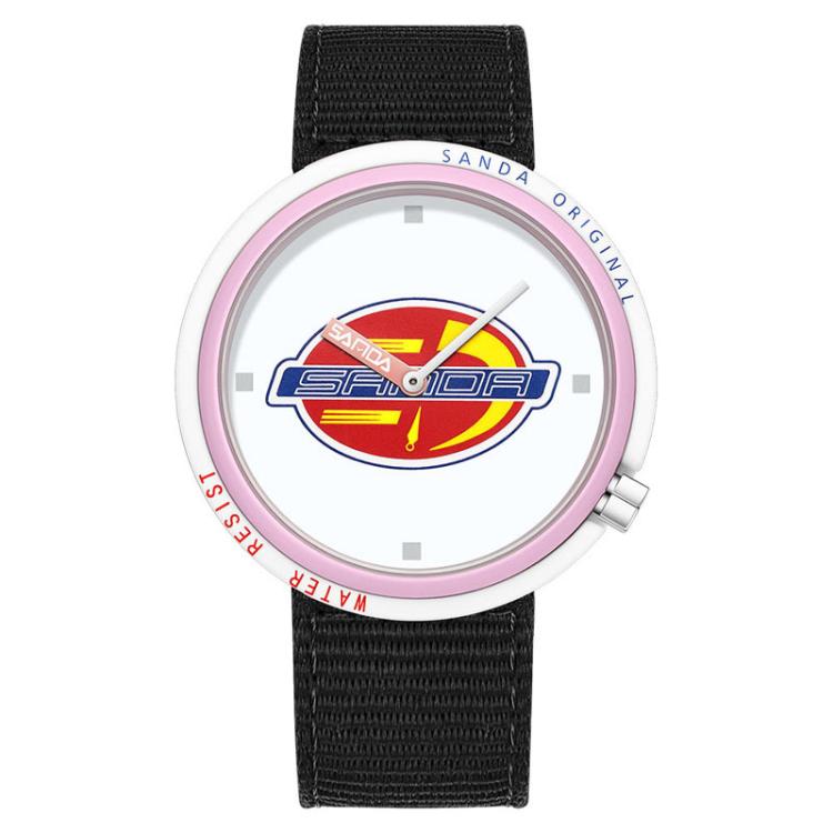 SANDA 3202 Slim Silent 3ATM Waterproof Student Watch with Nylon Strap(White-Pink Case)