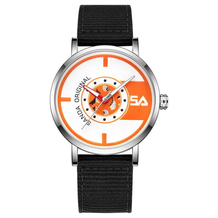 SANDA 3217 Preppy Style 5ATM Waterproof Student Watch with Nylon Strap(Black Strap / Silver-Orange)