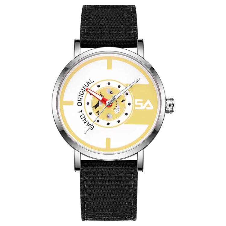 SANDA 3217 Preppy Style 5ATM Waterproof Student Watch with Nylon Strap(Black Strap / Silver-Yellow)