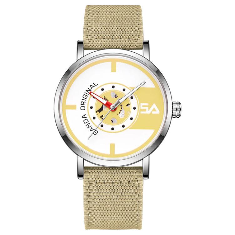SANDA 3217 Preppy Style 5ATM Waterproof Student Watch with Nylon Strap(Khaki Strap / Silver-Yellow)