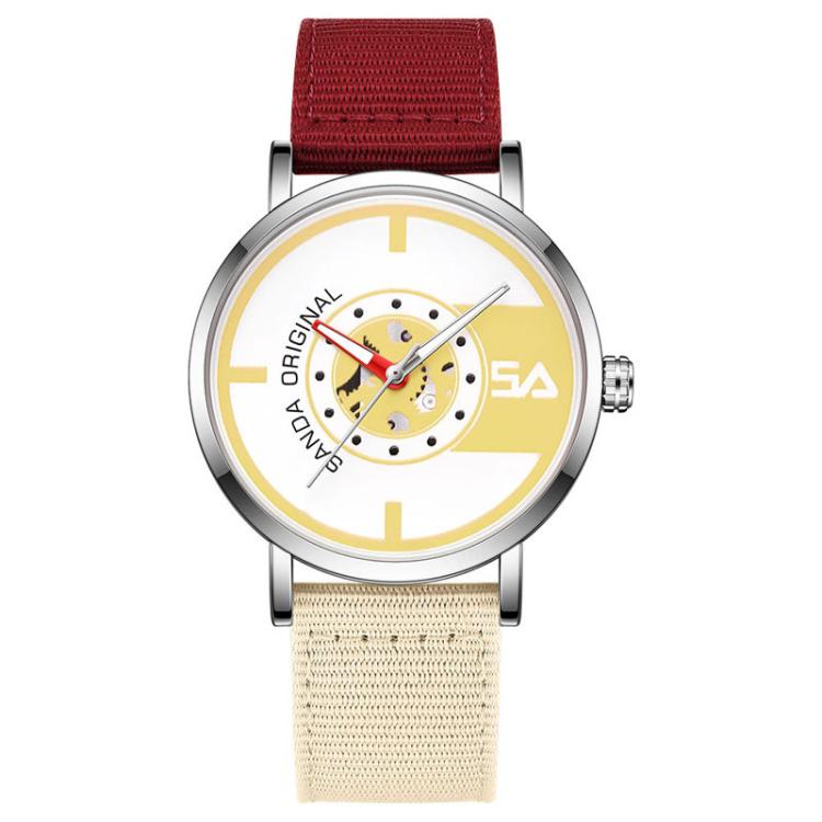 SANDA 3217 Preppy Style 5ATM Waterproof Student Watch with Nylon Strap(Red-Beige Strap / Silver-Yellow)
